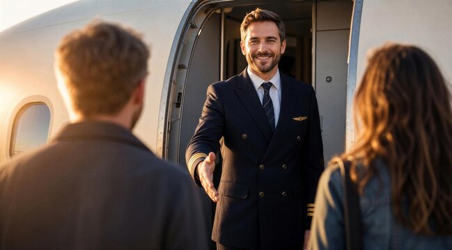 Pilot welcomes passengers to private jet