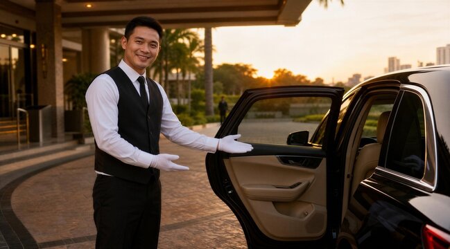 Concierge opens car door at sunset