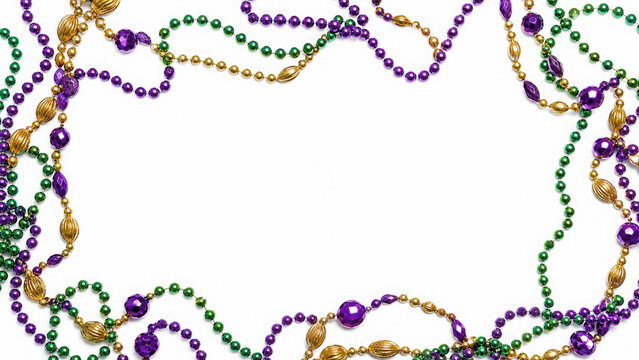 Colorful mardi gras beads in purple, green, and gold arranged as a frame on generated using ai