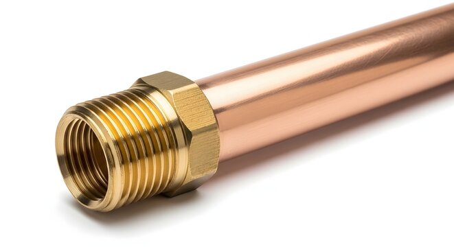 Brass threaded connector attached to copper pipe section on white surface.