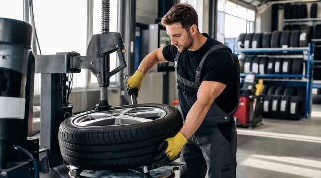 Mechanic changing car tire in garage