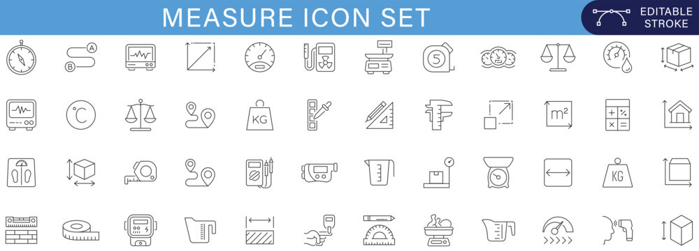 Measure Icon Set Collection with Ruler Scale Weight Dimension Gauge and Precision Tools Vector Outline Illustration Editable Stroke
