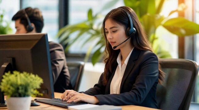 Customer service representative with headset at computer