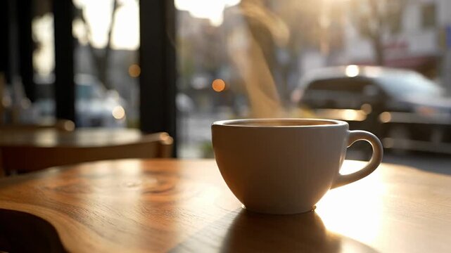 Warm steaming coffee cup in a sunlit cafe provides a peaceful escape. Perfect for morning routine, daily break, and relaxing moments with comfort and tranquility in a modern urban setting.
