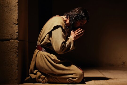 Man kneels with hands clasped in prayer. Wears ancient robes, head bowed in deep contrition. Lighting creates somber mood, emphasizing introspection, spiritual plea. Focus on profound regret, seeking