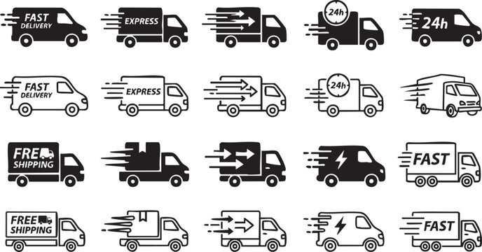 Fast Delivery Truck Icon Set with Free Shipping and 24h Labels