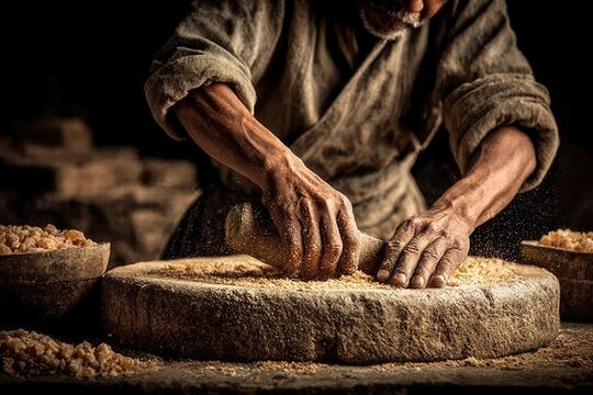 Grinding Dried Sage and Resins in Stone Mortar with Traditional Techniques