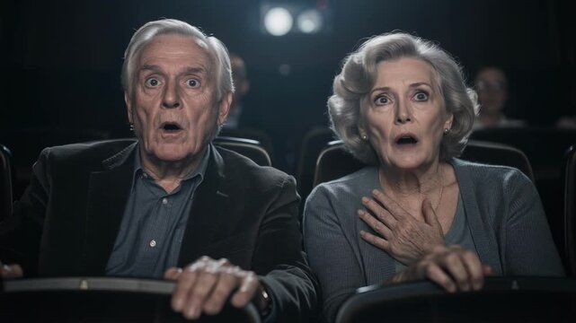 Elderly couple watching suspenseful movie together in dark cozy theater enjoying entertainment