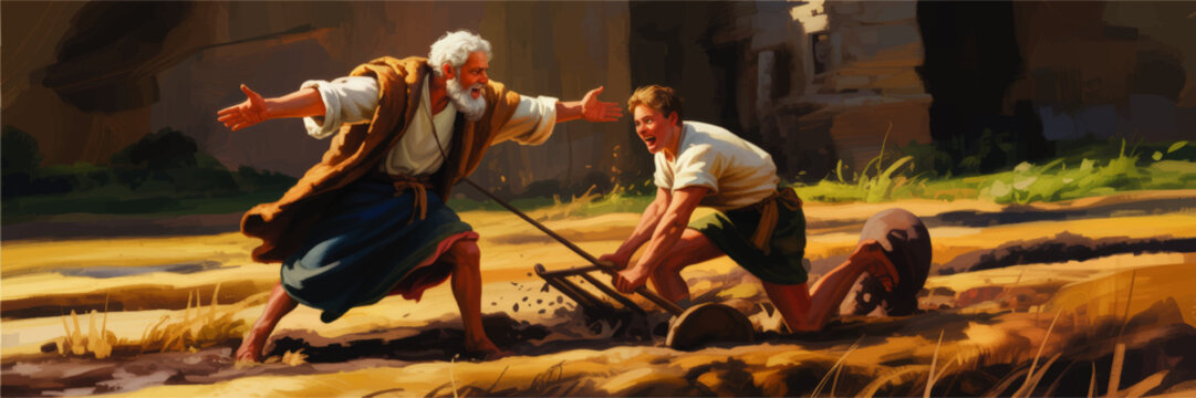 Dramatic biblical illustration of Elijah calling Elisha from plowing field, prophetic calling and discipleship in ancient rural landscape