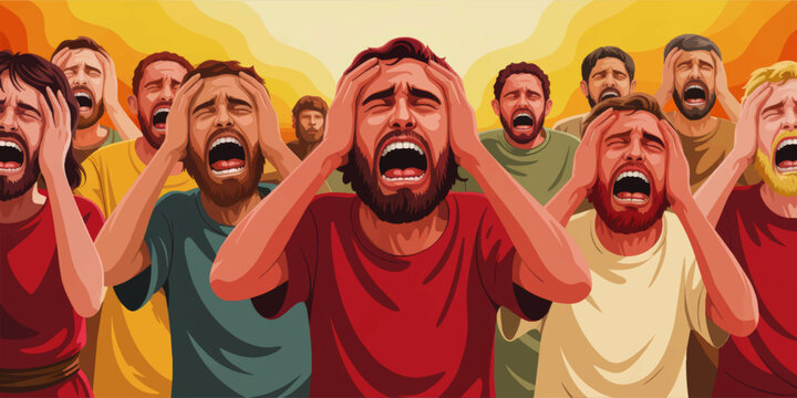 Crowd of anguished men screaming in despair, stress and panic, emotional mental health crisis illustration on warm orange background