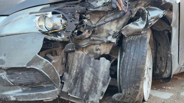 The front of a grey car is destroyed after a high-speed collision on a dirt road. The shattered headlights and mangled tire evoke a sense of shock and distress. It is a scene of sudden misfortune.