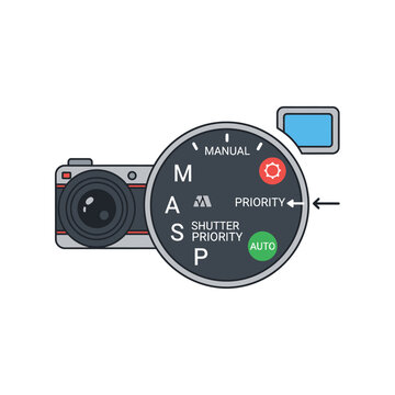 Digital camera mode dial icon with photography exposure settings