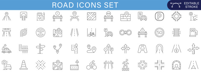 Road icons set editable stroke vector collection for navigation traffic transport highway direction parking map route street sign infrastructure driving symbols urban mobility illustration editable © Loosiniiii