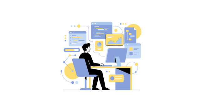 Man coding at desk with multiple screens