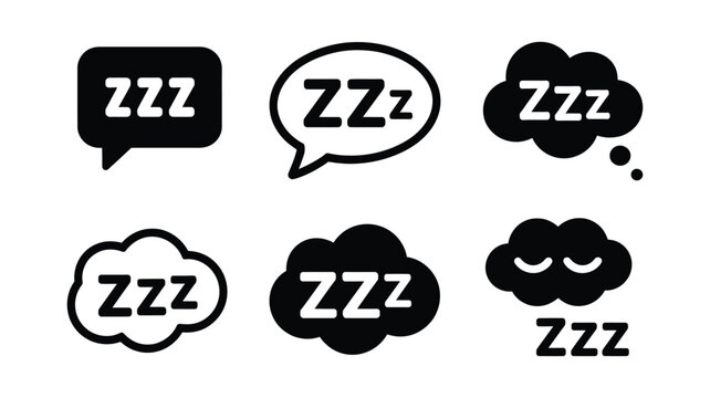 Sleep and dreaming icon vector set, elegant black and white symbols featuring closed eyes, speech bubbles, and bedtime concept illustrations
