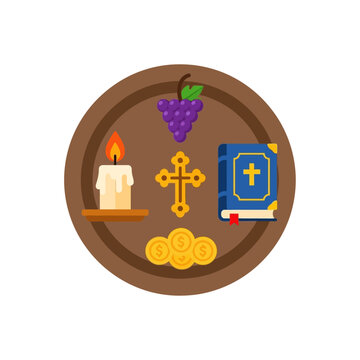 Flat religious illustration with bible cross candle grapes and coins