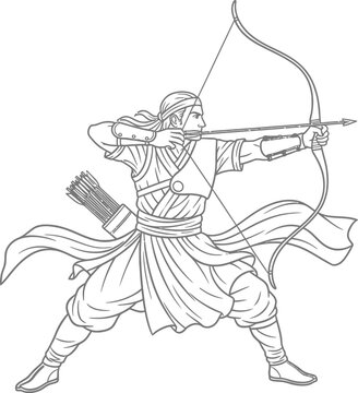 Line art illustration of a male archer aiming a bow and arrow.