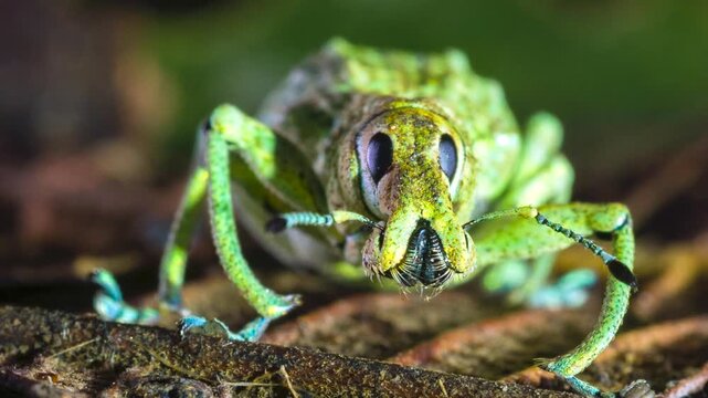 Glitter Weevil (Compsus sp.), A bright green species from the Ecuadorian Amazon. An example of structural colouration, the iridescence is created from photonic crystals within the body scales.