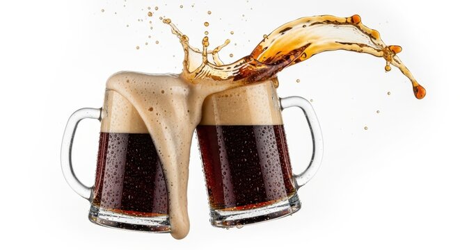 Two Glass Mugs of Dark Beer Clinking Together with a Large Dynamic Spl