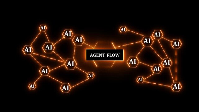 AI Network with Central Agent Flow and Connected Hexagonal Nodes artificial intelligence.Glowing ai agent emblem surrounded by digital networks and swirling blue energy.4k motion graphics video