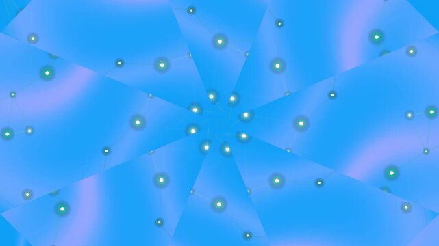 Vibrant blue background with purple accents and scattered green dots forming a radial pattern
