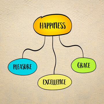 three kinds of happiness - pleasure, grace, and excellence, understanding of what it means to live a fulfilled life