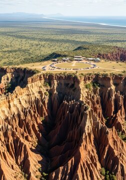 Aerial View of Miradouro da Lua Canyon in Angola with Visitor Center and Parking Lot Overlooking the Atlantic Ocean