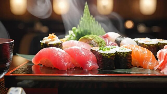 Japanese Sushi Platter with Steaming Hot Miso Soup and Chopsticks on a Wooden Table in a Restaurant Setting