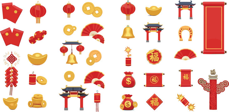 Chinese New Year Vector Set Featuring Red Lanterns Gold Coins And Firecrackers For Spring Festival