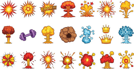 Comic Explosion Vector Set Featuring Mushroom Clouds Smoke Blast Icons For Mobile Game UI Design © Lipon