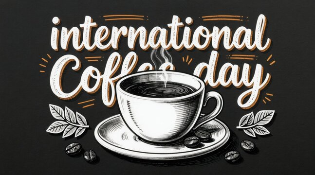 Illustration for International Coffee Day features a steaming cup of coffee. Hand-drawn lettering and coffee beans add a retro, artistic touch. Perfect for cafe promotions and holiday events.