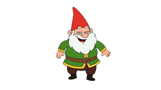 A cheerful 2D vector cartoon gnome with a long white beard and red hat laughs joyfully, isolated on a solid white background.
