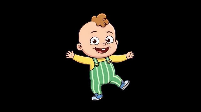 A happy 2D cartoon baby with a single tooth and green striped overalls joyfully dancing with raised arms against a solid black background.