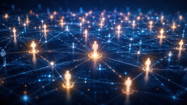 abstract digital network background with glowing human icons connected across a world map, representing global communication, virtual teamwork, HR technology and business networking