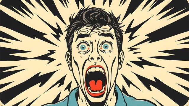 Risograph Print Illustration Person Recoiling Gasp Wide Eyes Jagged Lines