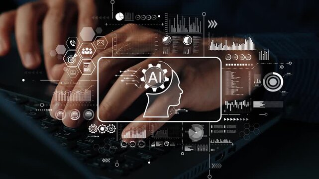 Person Using Laptop with AI Technology Illustrations in Background for Digital Innovation and Technology Concepts. Asymptotic smart data analytic.