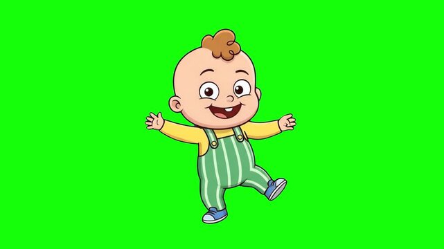 A cheerful 2D animated cartoon baby boy in green overalls dancing joyfully with outstretched arms against a bright green screen background. This isolated character loop is excellent for children's ent