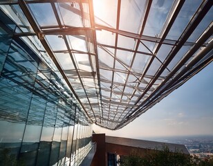 Fototapeta premium transparent glass roof structure reflecting light with modern facade geometry and architectural pattern emphasizing design detail and visual rhythm