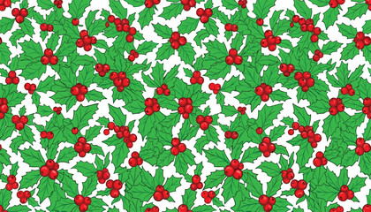 Christmas holly berry seamless pattern vector background. Green spiky leaves, red winter berries, traditional xmas repeating ornament, and festive textile decoration. ©  AR Studio Company