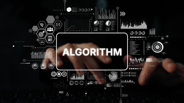 Hands Typing on Keyboard with Algorithm Text and Data Visualizations in Dark Background for Technology and Digital Concept. Asymptotic smart data analytic.