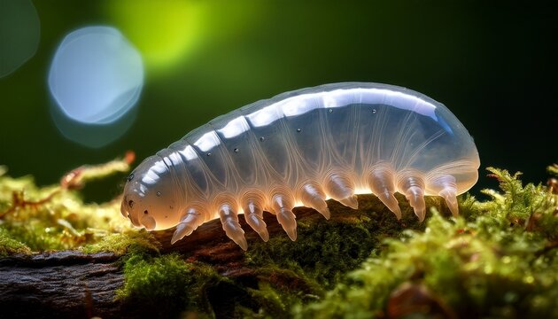 close up of a remarkable translucent tardigrade also called a water bear exploring its mossy habitat