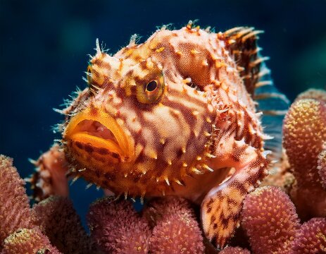 detailed view of a fascinating warty frogfish blending seamlessly into its coral habitat