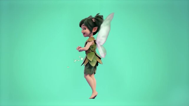 A cute 3D cartoon pixie fairy with green hair and translucent wings hovers mid-air against a solid chroma key green backdrop. This isolated fantasy character asset is ideal for children's storytelling