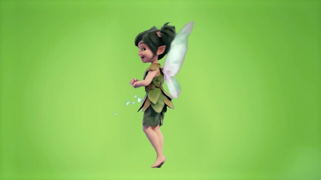A cute 3D animated fairy character with wings and a leafy green dress sparkles while floating against a green screen. This magical asset is perfect for children's fantasy projects, fairytale storytell