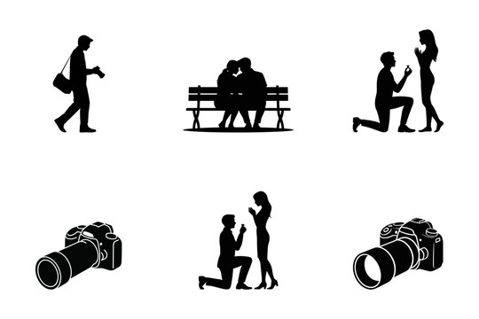 Set of black silhouette depicting a man proposing to a woman on one knee and various camera equipment isolated on a white background for