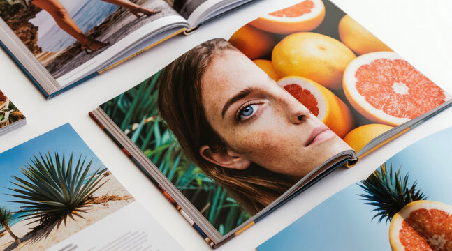 Open magazine displays stylish editorial content. Close up on woman face with freckles. Pages show grapefruit, pineapple, agave plant, beach scene, lifestyle photos for advertising.