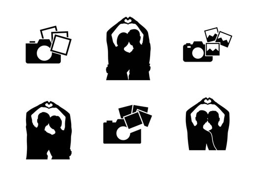 Collection of black silhouette featuring cameras and equipment with stacks of printed photographs isolated on a white background for use
