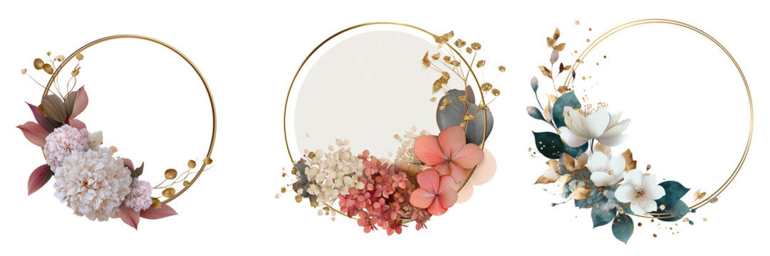 Set of Rustic circular floral frame with daisies and natural greenery creating a warm handmade invitation border on transparent png background. Ai generated