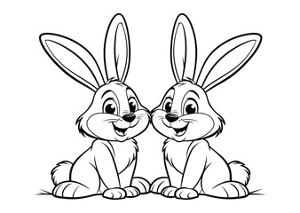 Obraz premium Rabbit cartoon illustration of two cute bunnies sitting together smiling