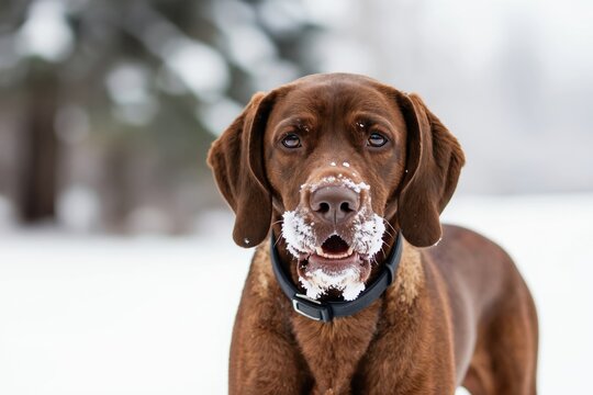 Brown Poodle Pointer dog has snow on muzzle, standing outside on winter day. Pet enjoys cold weather, looking at camera with playful expression. Dog portrait.